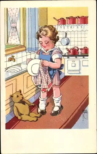 Künstler Ak Mädchen bei der Tellerwäsche, Teddybär
