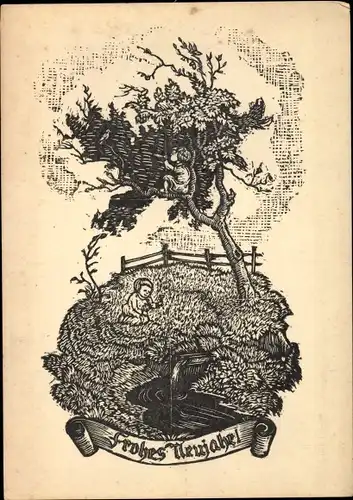 Künstler Ak Franke, Kurt, Glückwunsch Neujahr, Kinder am Wasser, Baum