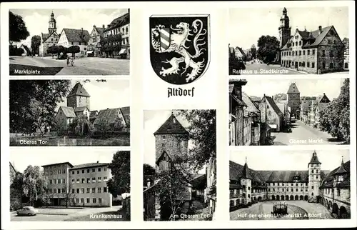 Wappen Ak Altdorf in Mittelfranken, Marktplatz, Oberes Tor, Rathaus, Kirche, Krankenhaus