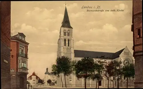 Ak Landau in der Pfalz, Bismarckstraße und katholische Kirche