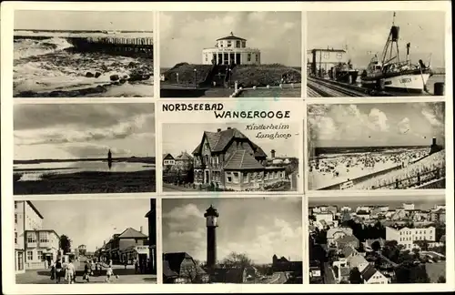 Ak Wangerooge in Friesland, Ansichten, Kinderheim Langhoop, Schiff Lübeck, Leuchtturm, Strand