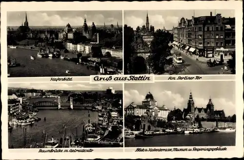 Ak Szczecin Stettin Pommern, Stadtansichten, Baumbrücke, Regierungsgebäude, Museum, Berliner Tor