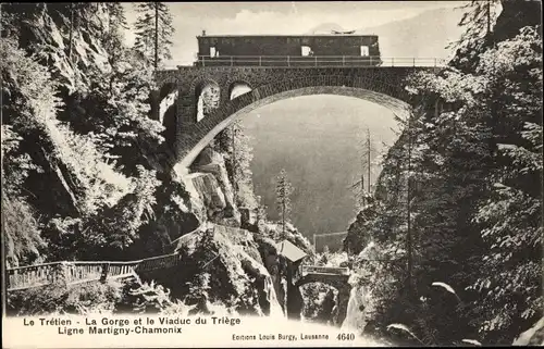 Ak Martigny Kt. Wallis Schweiz, Le Tretien, La Gorge et le Viaduc du Triege Ligne Martigny Chamonix