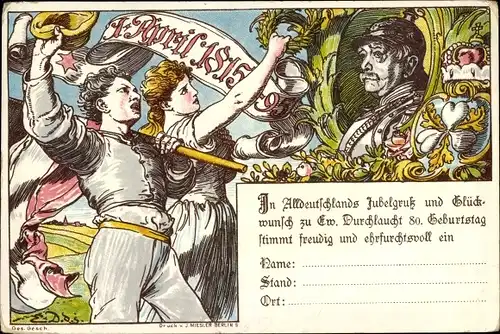 Künstler Litho Festkarte zum 80. Geburtstag v. Otto von Bismarck, Herzog zu Lauenburg, Bundeskanzler