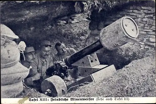 Ak Feindliche Minenwerfer im Unterstand, Französische Soldaten am Geschütz, Propaganda I. WK