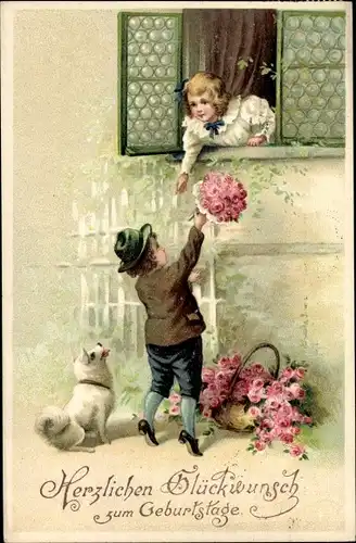 Präge Ak Glückwunsch Geburtstag, Kinder am Fenster, Blumenstrauß, Hund