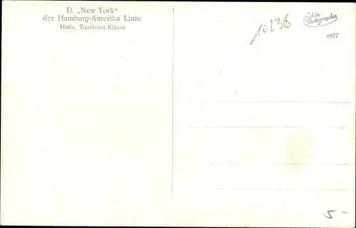 Ak Dampfschiff New York, HAPAG, Halle, Touristenklasse