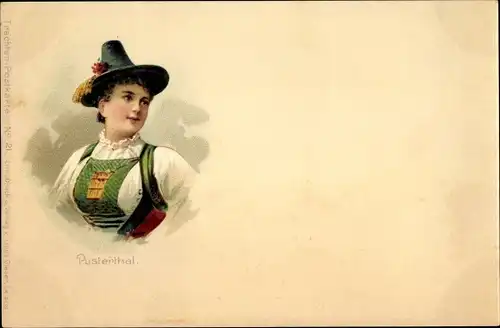 Litho Pusterthal Südtirol, Pusterthalerin in Tracht, Portrait, Hut