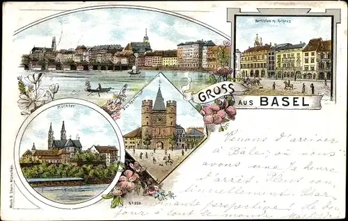 Litho Bâle Basel Stadt Schweiz, Marktplatz mit Rathaus, Münster, Spalentor