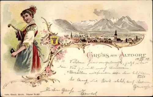 Litho Altdorf Kt. Uri Schweiz, Panorama, Altdorferin in Tracht