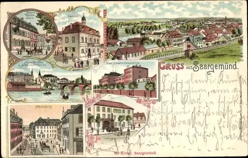 Litho Saargemünd Sarreguemines Lothringen Moselle, Töchterschule, Rathaus, Marktplatz