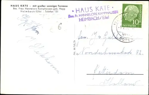 Ak Heimbach in der Eifel, Haus Käte, Bes. Hannelore Kamphausen, Speiseraum, Stausee, Burg