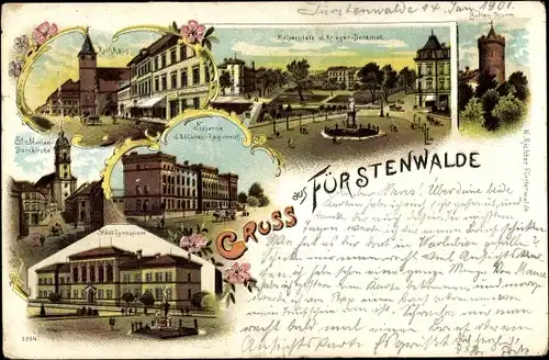 Litho Fürstenwalde an der Spree, Kaserne d. 3. Ulanen Regiments, Bullenturm, Rathaus, Domkirche