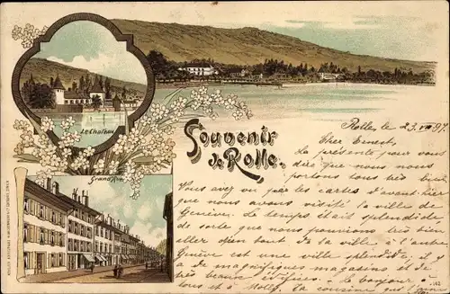 Litho Rolle Kt. Waadt Schweiz, Totalansicht, Grande Rue, Le Château