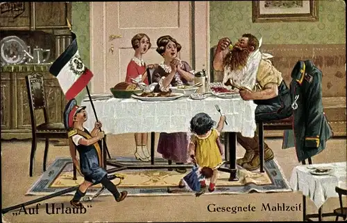 Künstler Ak Thiele, Arthur, Auf Urlaub, Gesegnete Mahlzeit, Soldat beim Essen, Vater