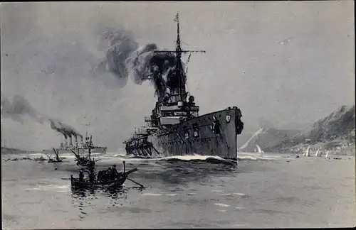 Künstler Ak Stöwer, Willy, Deutsches Kriegsschiff, SMS Goeben, SMS Breslau, Messina verlassend