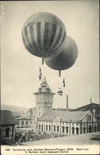 Ak Zürich Stadt Schweiz, Vorübung zum Gordon Bennett Fliegen 1909, Fesselballons beim Gaswerk