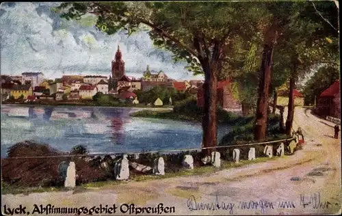 Künstler Ak Ełk Lyck Masuren Ostpreußen, Abstimmungsgebiet, Wasserpartie mit Blick zur Stadt