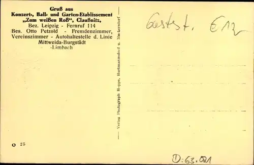 Ak Claußnitz im Kreis Mittelsachsen, Konzertetablissement, Gasthof zum Weißen Ross, Otto Petzold