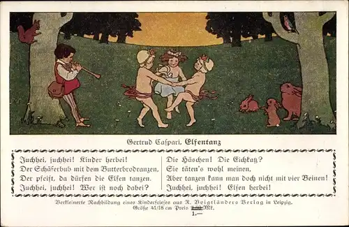 Künstler Ak Caspari, Gertrud, Elfentanz, Kinder, Hasen, Eichhörnchen,Flötenspiel