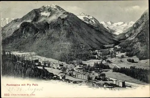 Ak Pontresina Kt. Graubünden Schweiz, Blick auf die Ortschaft und Piz Palü