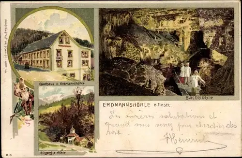 Litho Hasel in Baden, Die Erdmannshöhle, Gasthaus zur Erdmannshöhle, Eingang, Bachhöhle, Besucher
