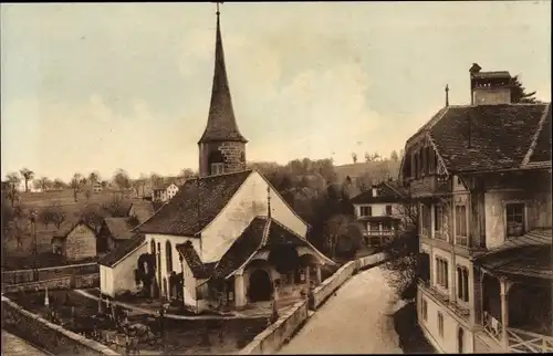 Ak Bourguillon Kanton Freiburg, Kirche mit Friedhof, Straßenpartie, Wohnhäuser