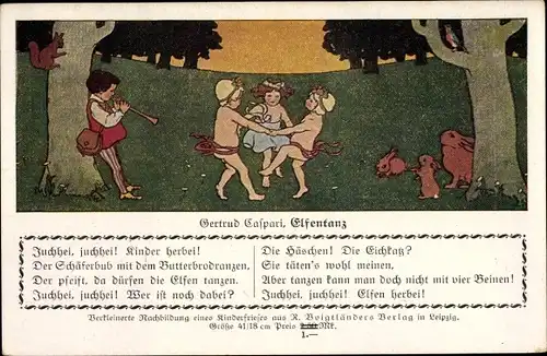 Künstler Ak Caspari, Gertrud, Elfentanz, Kinder, Hasen, Eichhörnchen,Flötenspiel