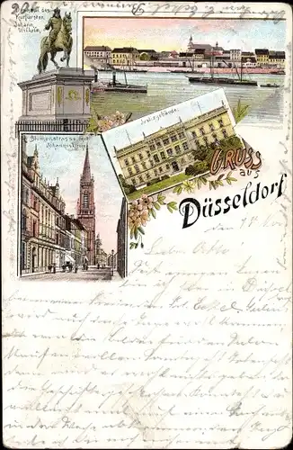 Litho Düsseldorf am Rhein, Panorama, Justizgebäude, Kirche, Denkmal