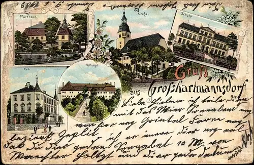 Litho Großhartmannsdorf in Sachsen, Ansichten vom Ort, Kirche, Schule, Pfarrhaus, Post, Rittergut