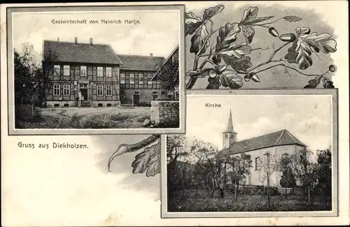 Ak Diekholzen in Niedersachsen, Gastwirtschaft von Heinrich Hartje, Kirche