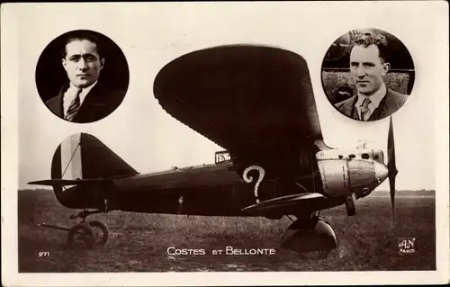 Ak Costes et Bellonte, Raid Paris-New York, 21 Nov. 1929, Biplan, Flugpioniere