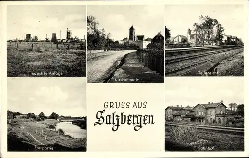 Ak Salzbergen in Nordrhein Westfalen, Stadtansichten, Industrieanlage, Kirche, Bahnhof