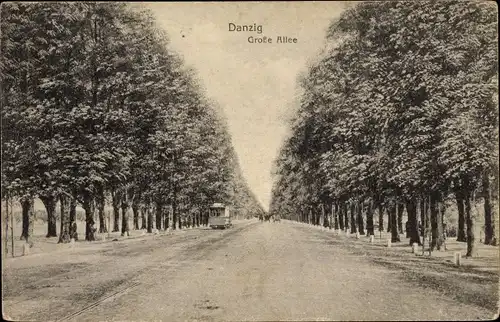 Ak Gdańsk Danzig, Große Allee, Straßenbahn, Bäume 