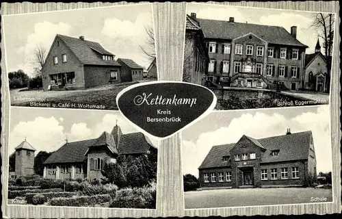 Passepartout Ak Kettenkamp in Niedersachsen, Bäckerei und Café H. Woltemade, Schloss, Kirche, Schule