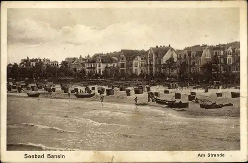 Ak Ostseebad Bansin Heringsdorf auf Usedom, Strand mit Villen, Boote, Strandkörbe