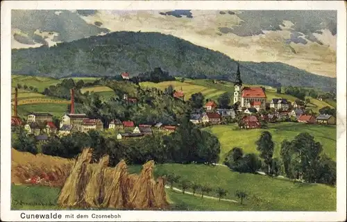 Künstler Ak Schneidenbach, C., Cunewalde im Kreis Bautzen, Blick auf den Ort mit Umgebung, Czorneboh