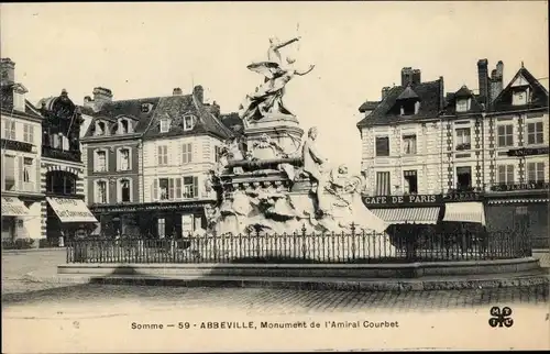 Ak Abbeville Somme, Monument de l'Amiral Courbet, Café de Paris, Chapellerie