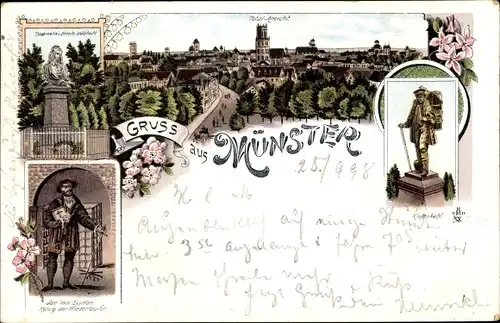 Litho Münster in Westfalen, Jan von Leyden, König der Wiedertäufer, Kiepenkerl, Denkmal, Panorama