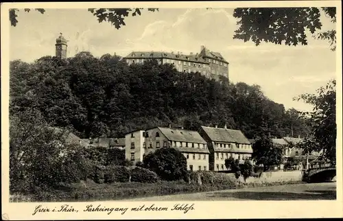 Ak Greiz in Thüringen, Parkeingang mit oberem Schloss