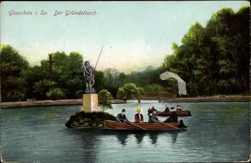 Ak Glauchau in Sachsen, Ruderpartie auf dem Gründelteich, Statue