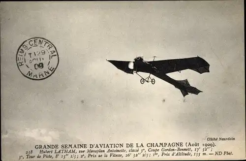 Ak Grande Semaine d'Aviation de Champagne, Août 1909, Hubert Latham, Monoplan Antoinette
