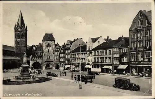 Ak Lutherstadt Eisenach in Thüringen, Blick auf den Karlsplatz, Stadtansicht, Denkmal