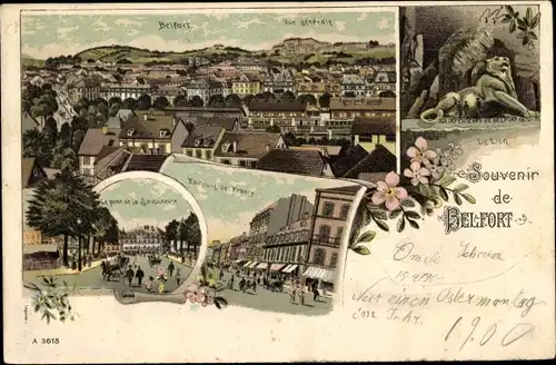 Litho Belfort Territoire de Belfort, Le Pont de la Savoureuse, Le Lion, Faubourg de France, Panorama