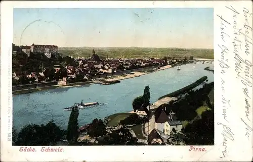 Ak Pirna in Sachsen, Ortspartie mit Elbe und Elbdampfer, Panorama