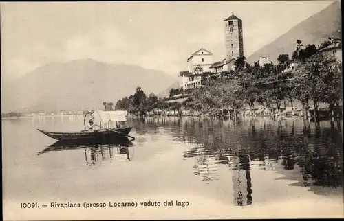 Ak Rivapiana Locarno Kt. Tessin Schweiz, Lago Maggiore, Boot, Glockenturm, Uferpartie