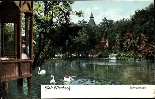 Ak Ellerbeck Kiel in Schleswig Holstein, Schwanensee, Pavillon über dem Wasser, Uferpartie