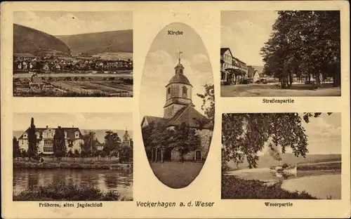 Ak Veckerhagen Reinhardshagen im Weserbergland, Jagdschloss, Kirche, Straßenpartie
