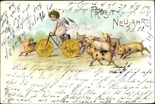 Litho Glückwunsch Neujahr, Engel, Fahrrad, Schweine, 20 Mark Goldmünzen Deutsches Reich 1901