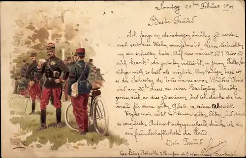 Künstler Litho Französische Infanterie in Uniform, Nachrichtendienst mit einem Fahrrad
